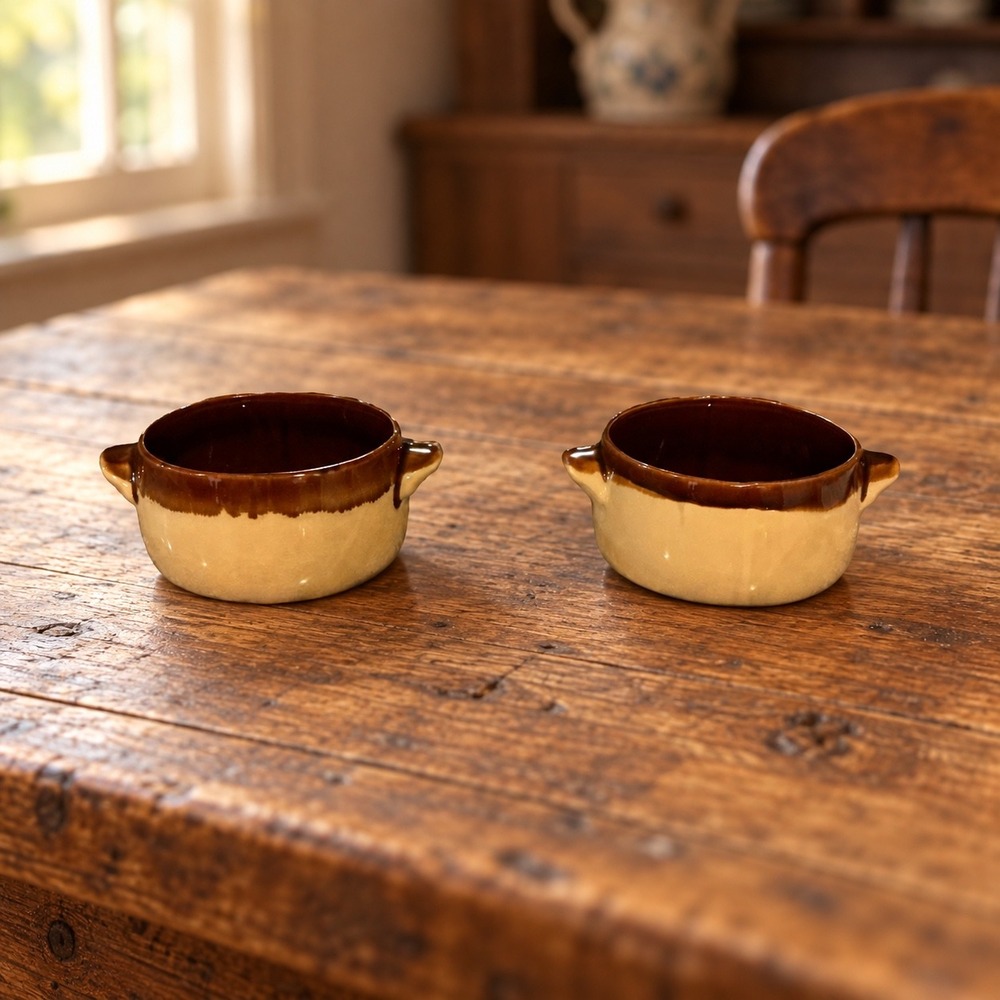 Vintage Two Tone Brown Drip Glaze Stoneware Onion Soup Crocks Set of 2 OvenProof